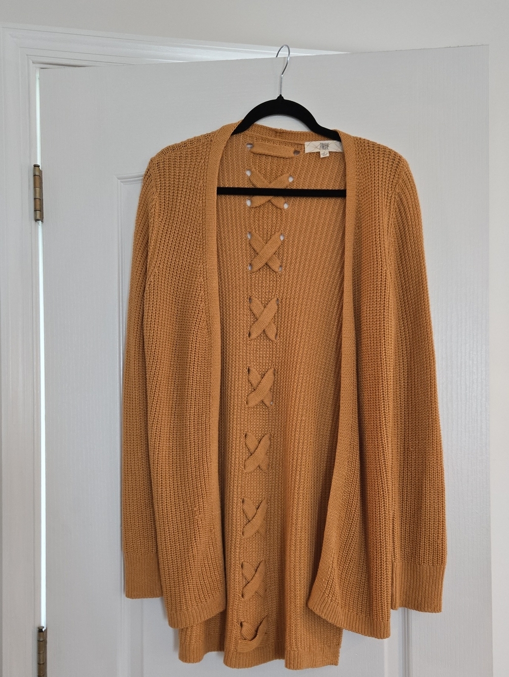 Lace-Up Open-Front Knit Cardigan - Mustard